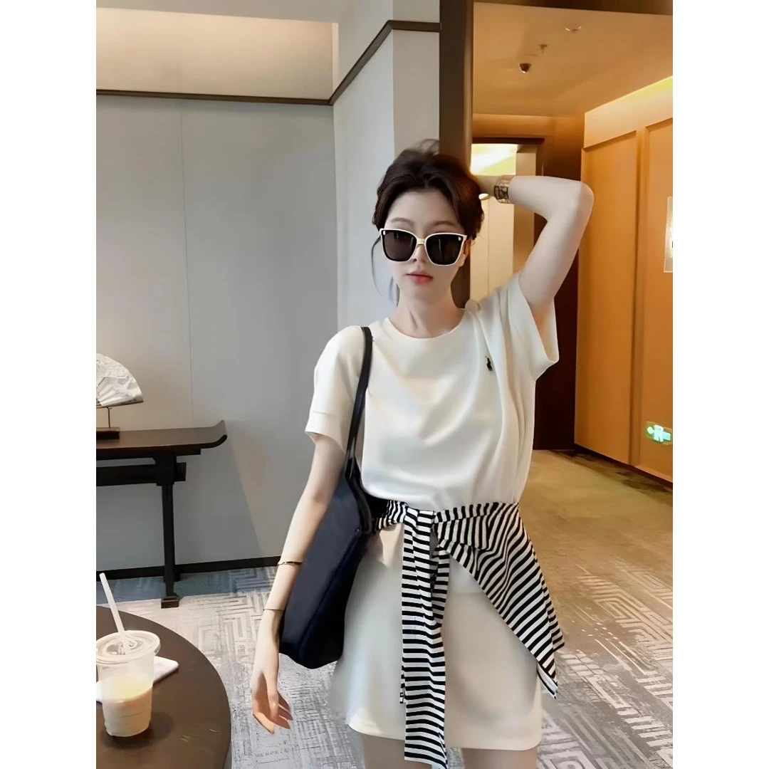 时尚温柔风夏季新款设计感纯棉短袖上衣显瘦短裙搭配披肩三件套装