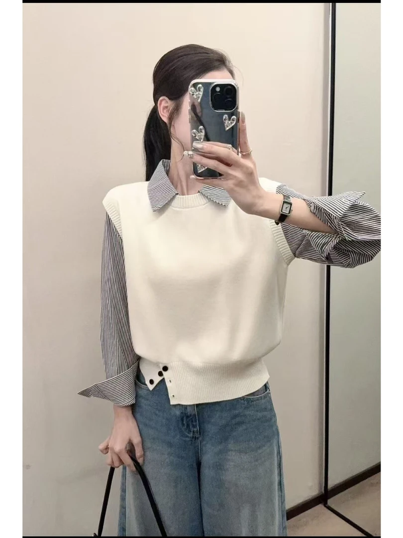 2025新款韩版时尚洋气圆领长袖针织衫女毛衣外套上衣假两件衬衫潮