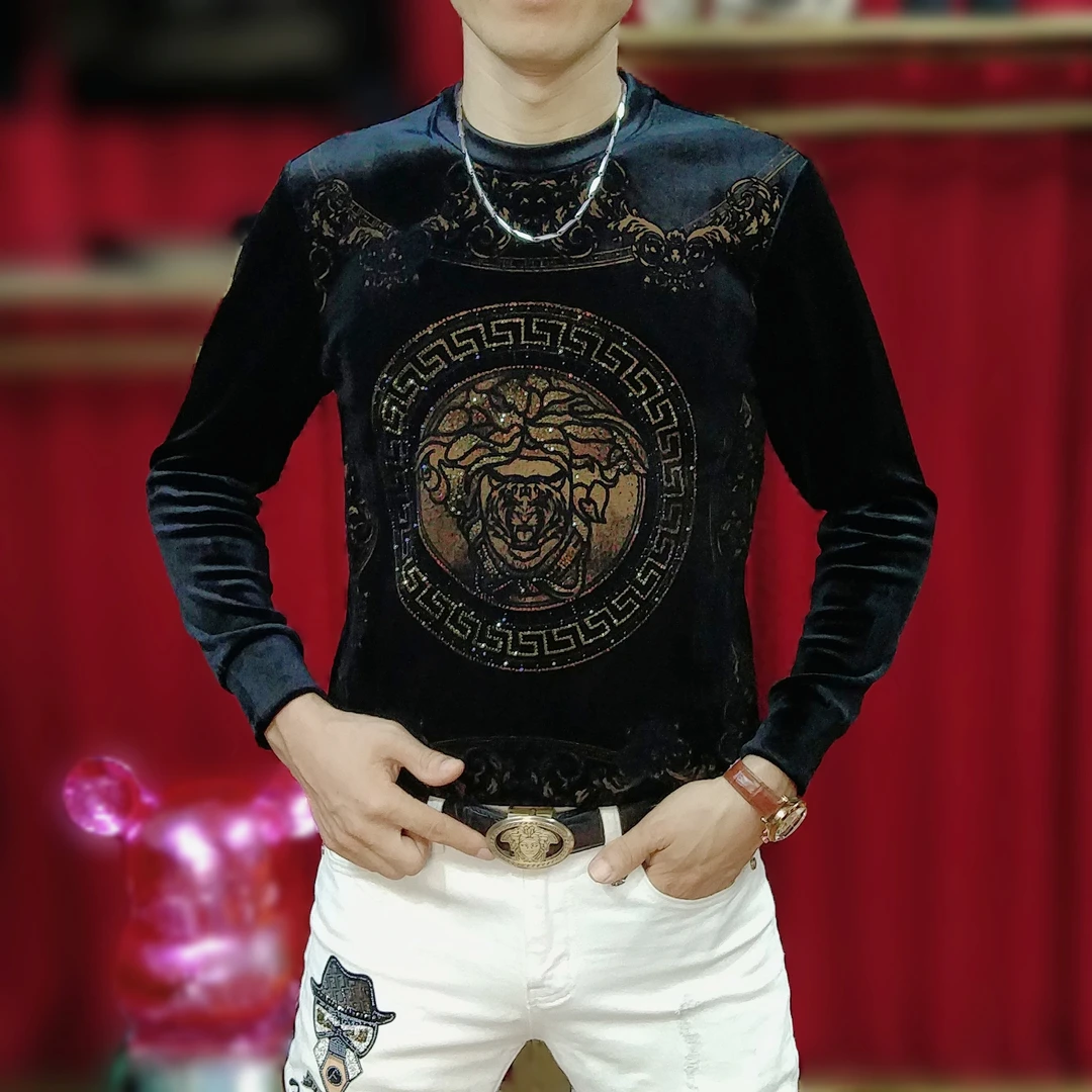 男士秋冬新款时尚休闲植绒烫钻圆领T恤潮流修身百搭加绒卫衣