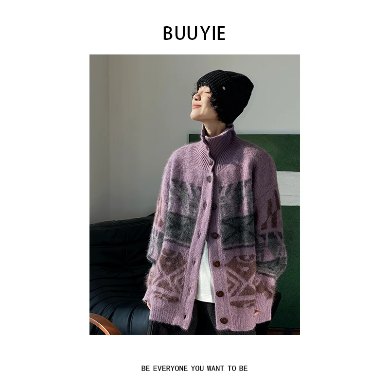 BUUYIE【紫棠】冬季绵羊毛高领洋气宽松显瘦高级感开衫毛衣 251371