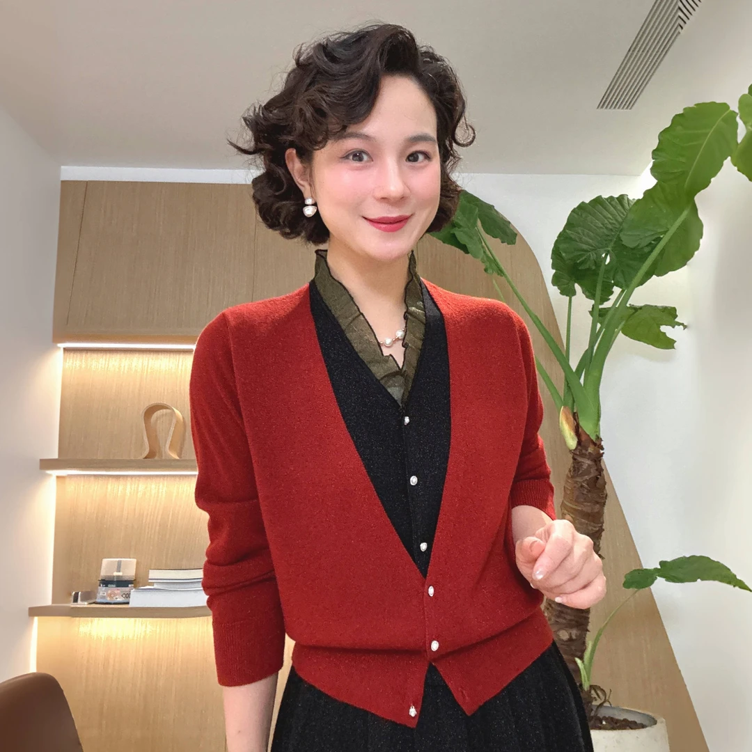 秋日新款长袖立领丝丝领口针织假两件上衣#DQ7170