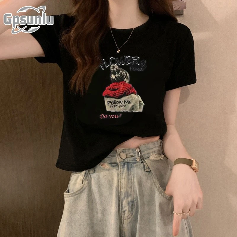 gpsunlu黑色正肩短袖女夏季年新款宽松时尚夏夏季宽松正肩短袖