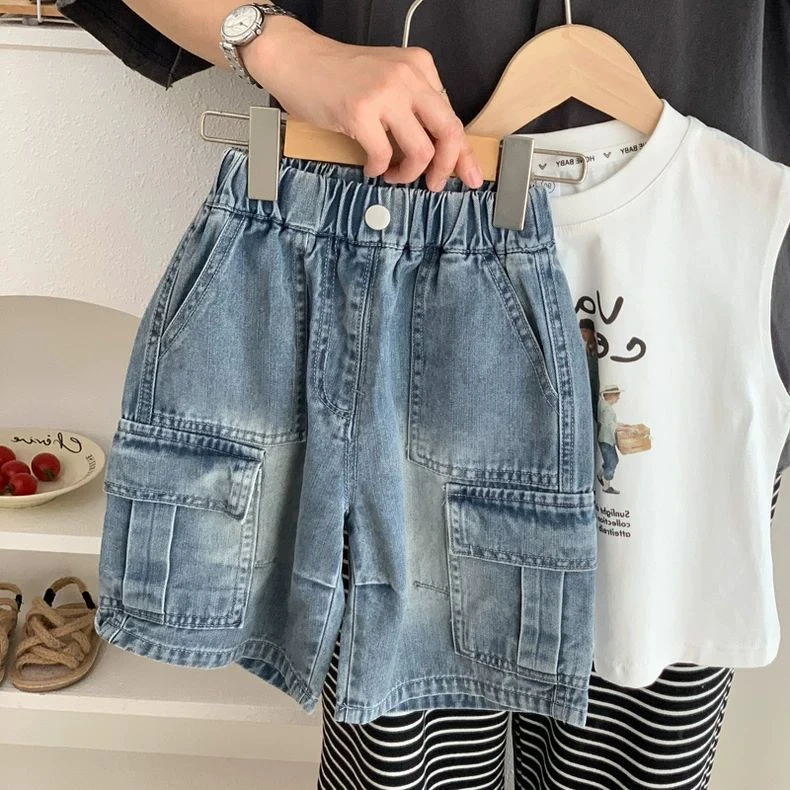儿童牛仔短裤2025夏男童日系口袋工装休闲宝宝小童男童短裤牛仔