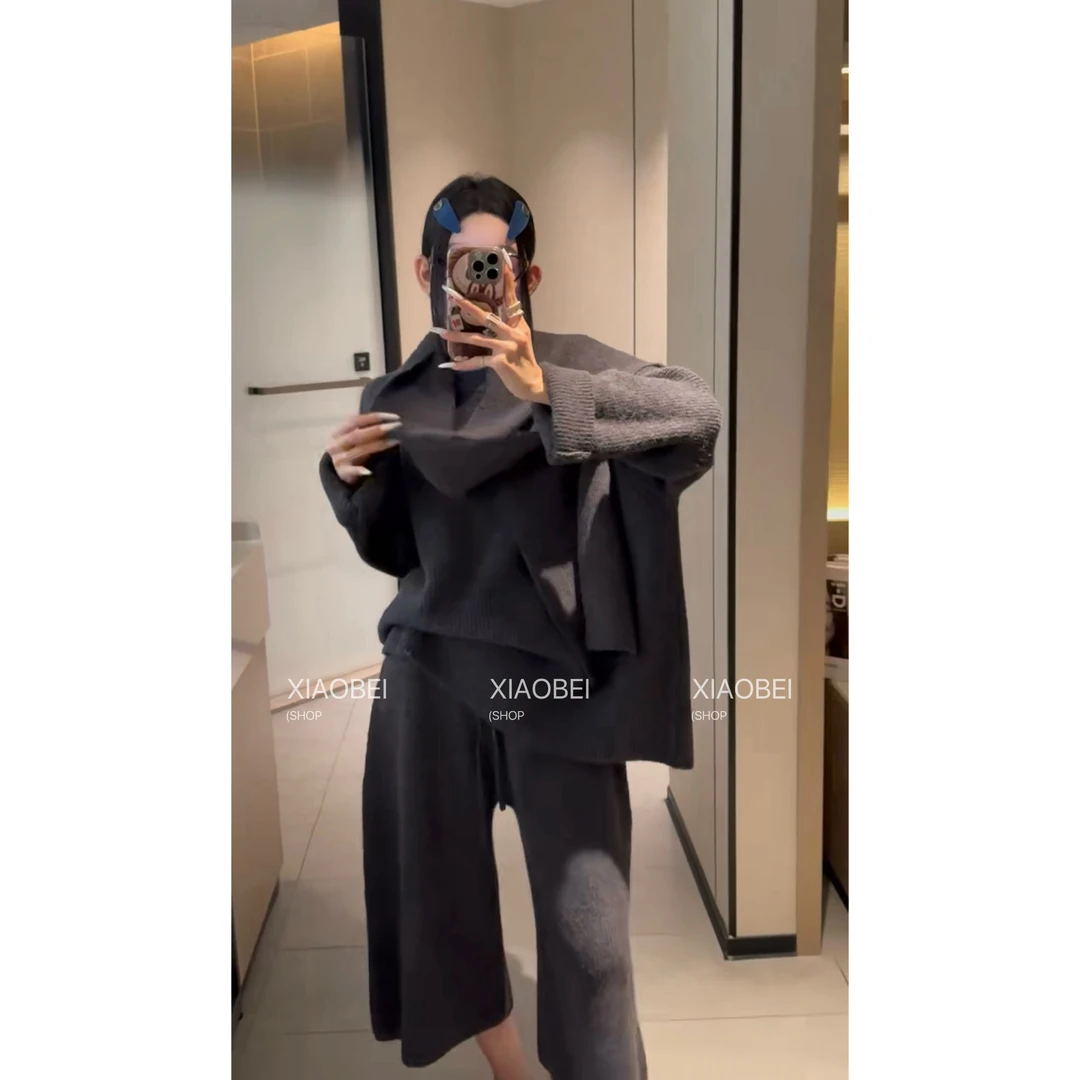 【小北】慵懒松弛风翻领毛衣阔腿裤针织套装三件套时尚洋气减龄显瘦