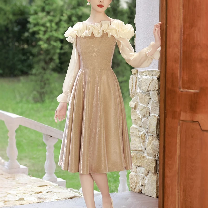 晚礼服轻奢小众一字肩长袖订婚连衣裙日常可穿名媛小洋装礼服优雅