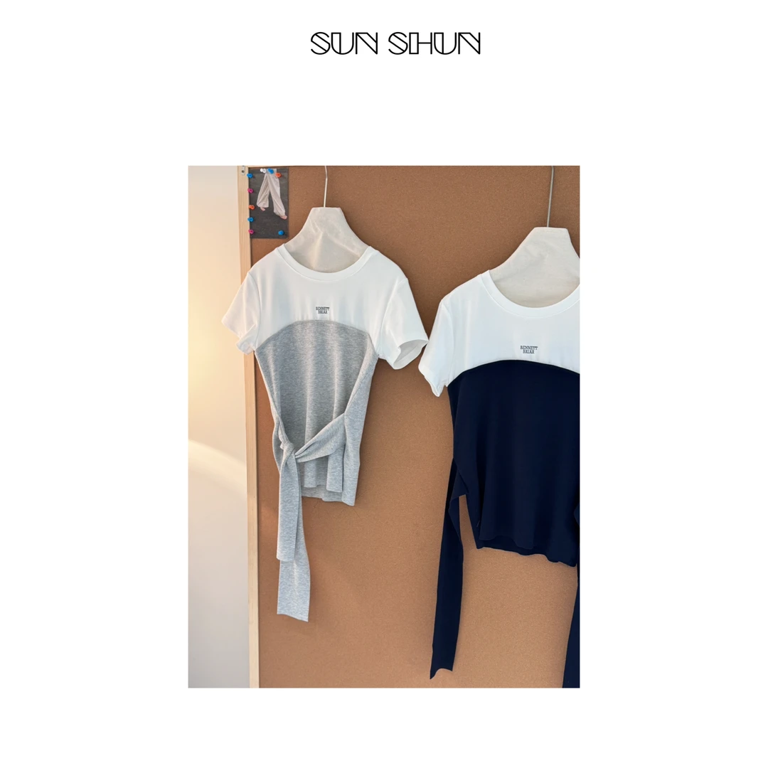 Sanshun－ ( 悠悠日记 )－针织拼接短袖百搭T纯棉圆领上衣显瘦气质