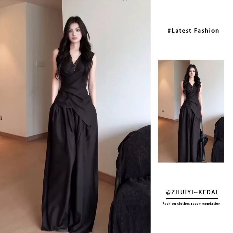 2025夏季新款气质一整套穿搭御姐气质修身显瘦黑色无袖马甲套装裤