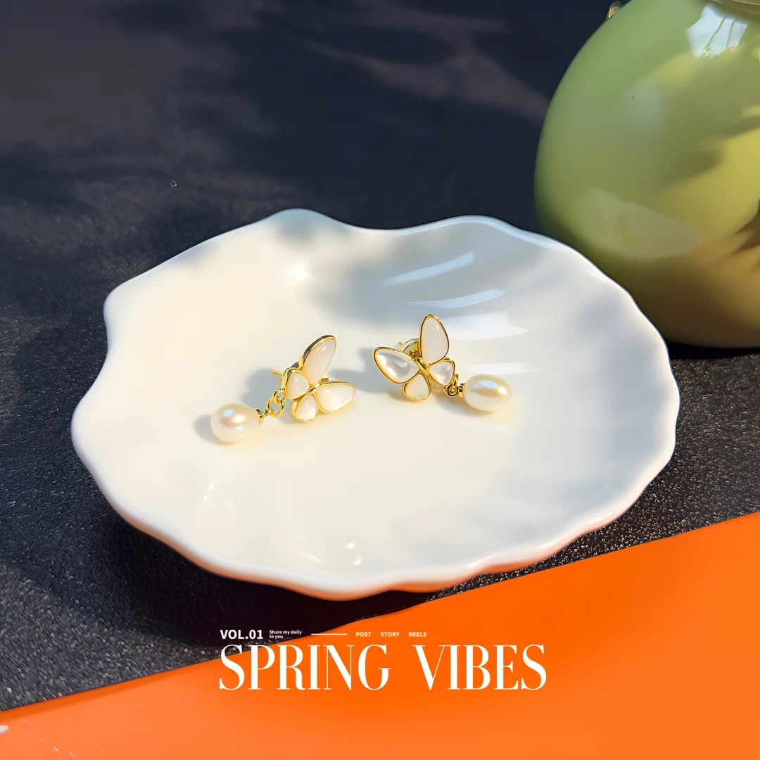 天然淡水珍珠耳饰- DSN设计师款经典白色蝴蝶耳饰（1055）