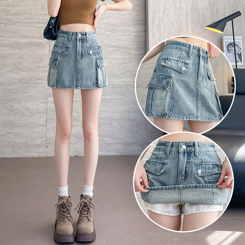 美式复古工装牛仔短裙女2025夏季新款高腰显瘦辣妹A字多口袋短裙