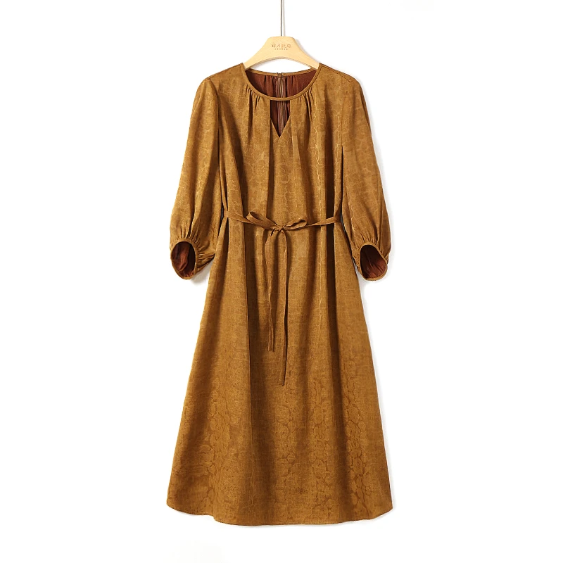 红云纱桑蚕丝长袖连衣裙锦月丝府FW85D713（28）