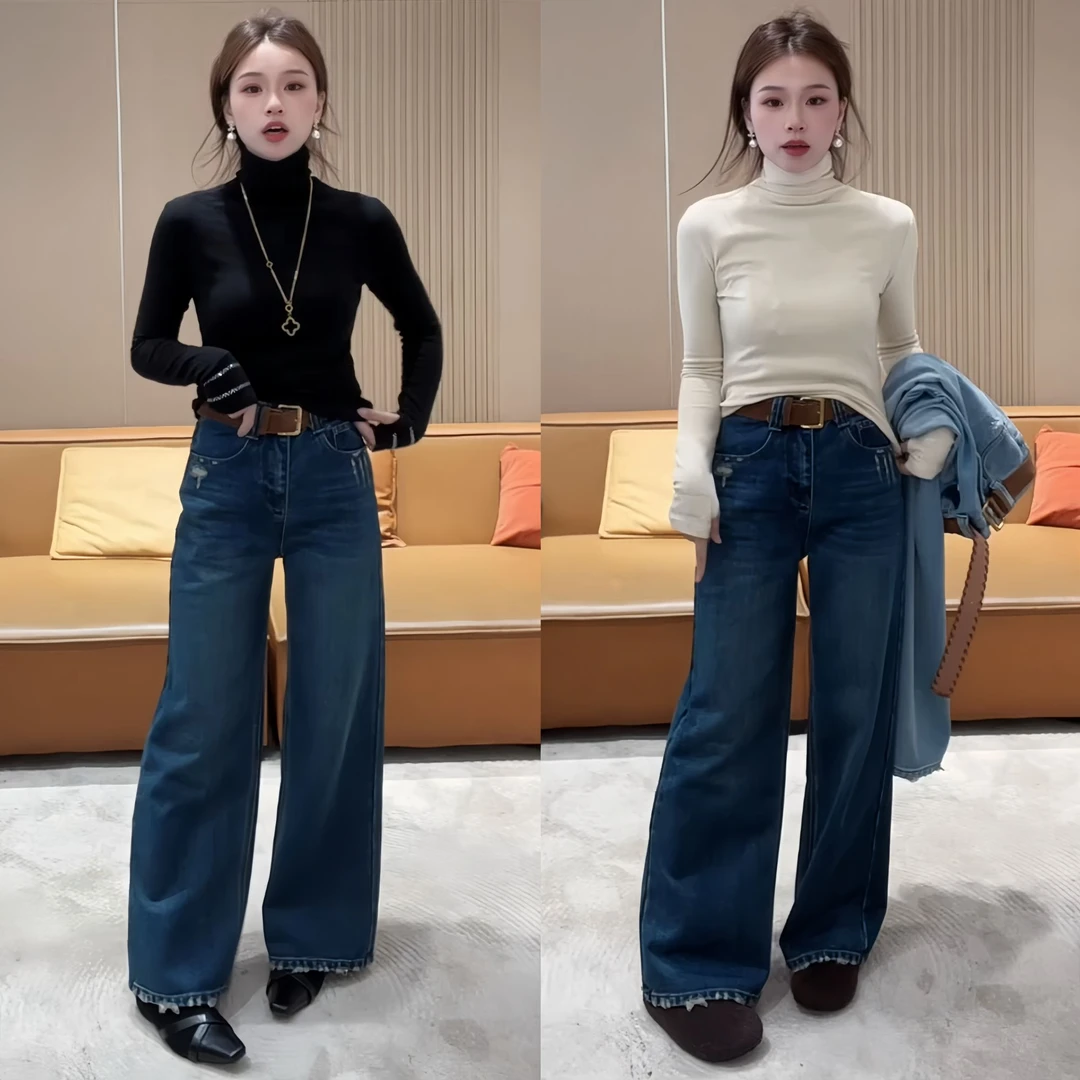 2025秋冬季新款时尚显瘦烫钻高领打底长袖上衣直筒百搭牛仔裤套装