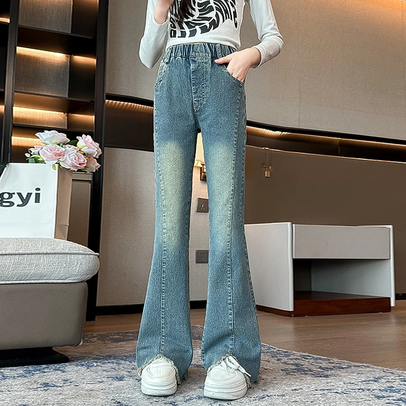 女童喇叭裤春秋款2025新款春装弹力修身春季中大儿童微喇牛仔裤子