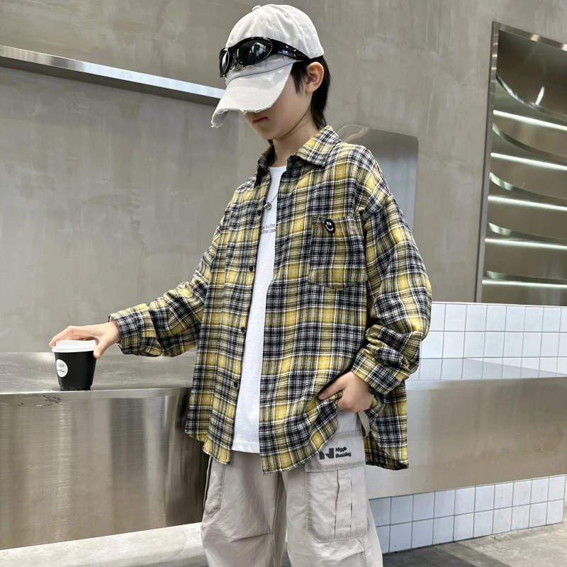 童装儿童春秋款黄黑格子衬衫中大童男童春季韩版洋气帅气衬衣百搭
