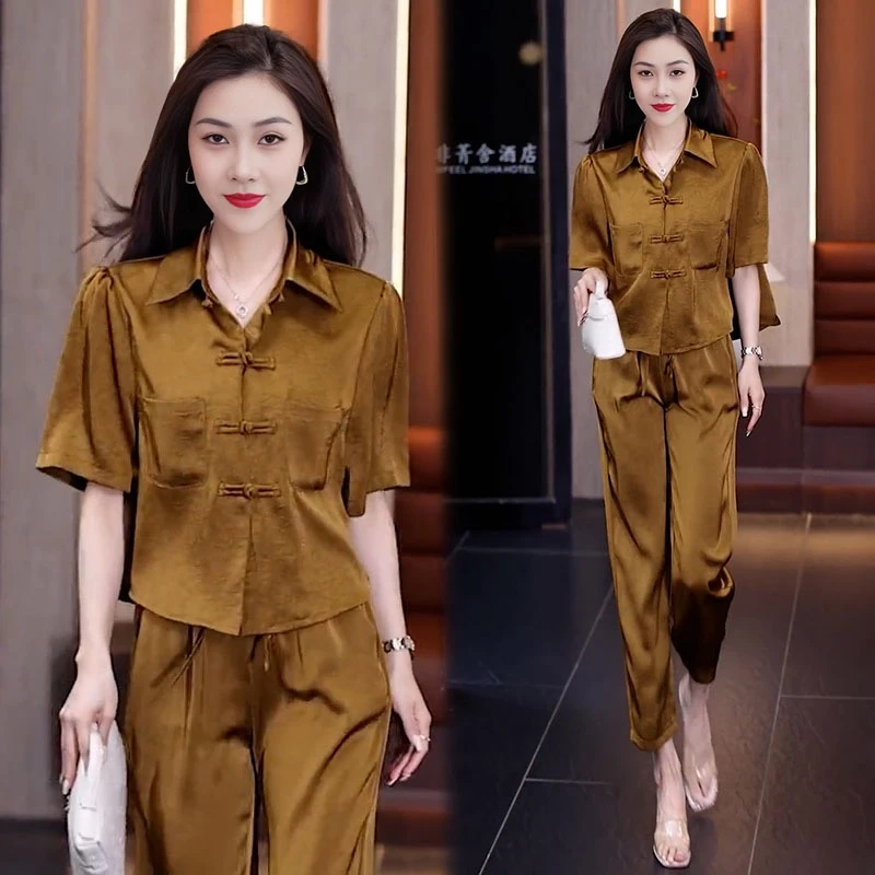 休闲时尚套装女2025年夏季新款国风盘扣短袖衬衫阔腿裤两件套