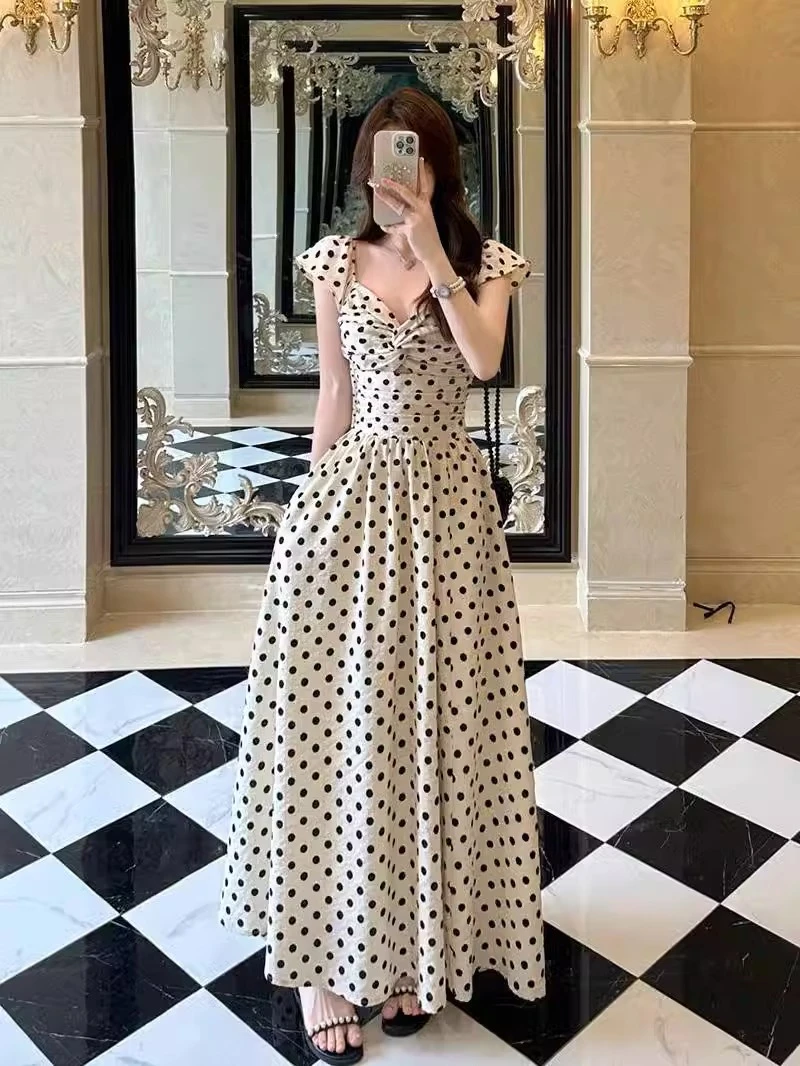 2025夏季新款大码女装胖mm高级感波点连衣裙褶皱收腰显瘦气质长裙
