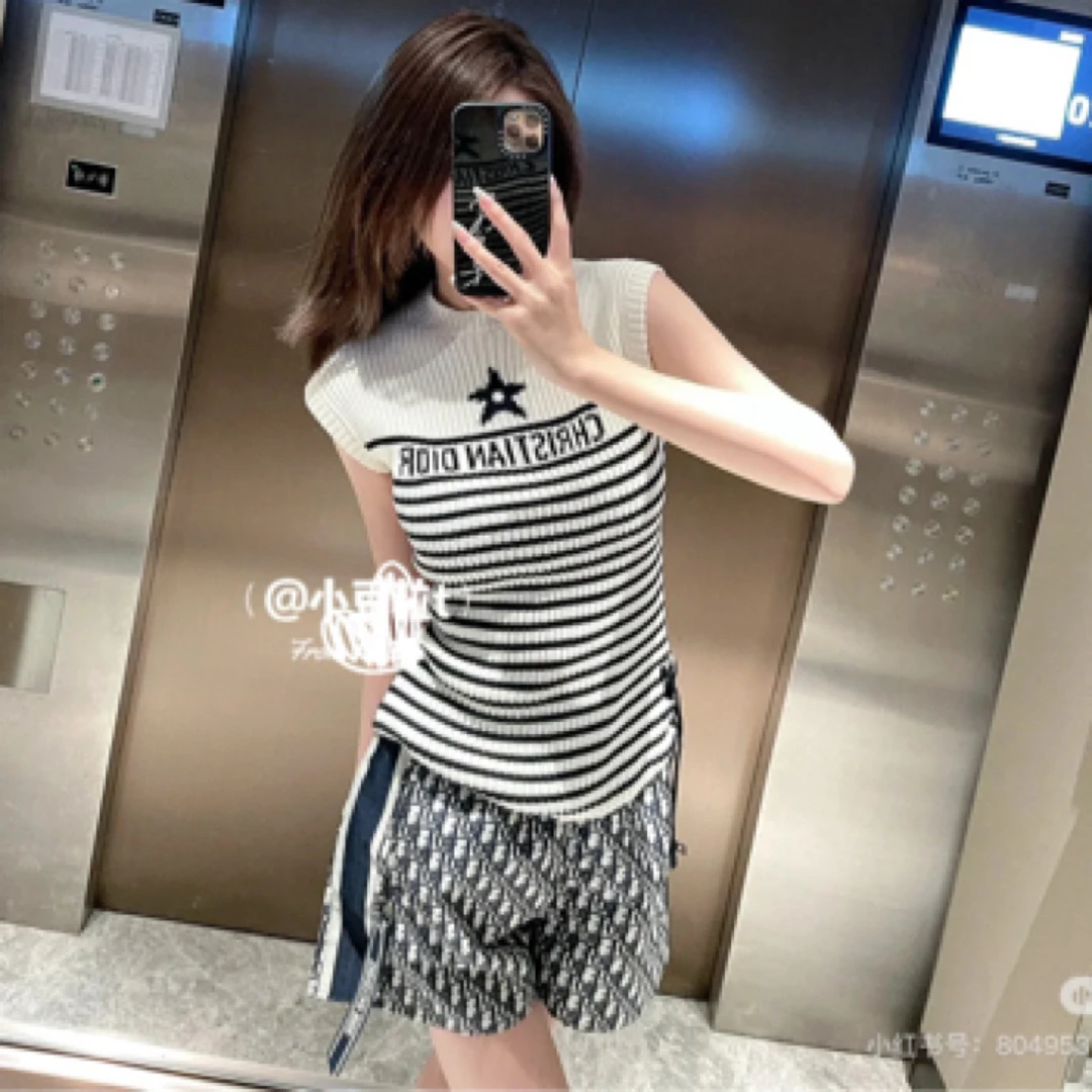 全新未使用 DIOR/迪奥 001203 条纹Logo套头背心针织衫  36码