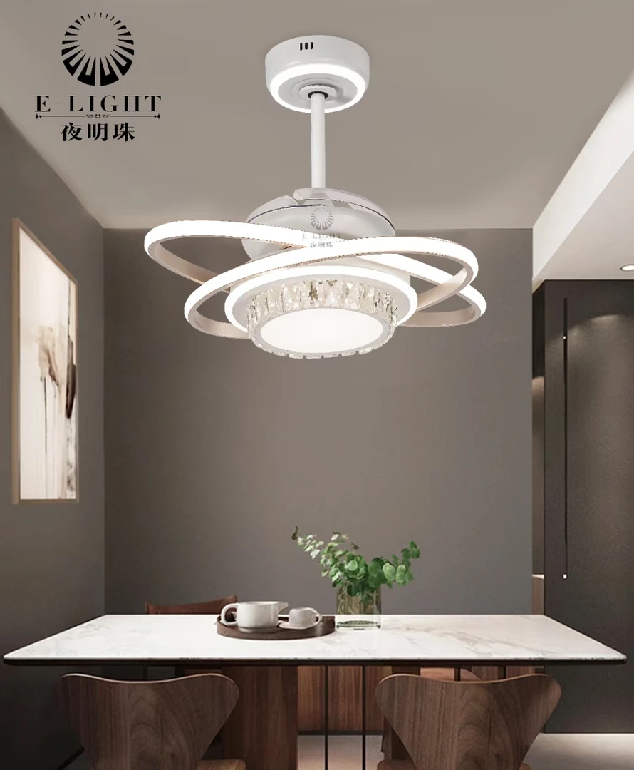 现代简约轻奢水晶餐厅吸顶卧室智能语音隐形风扇灯