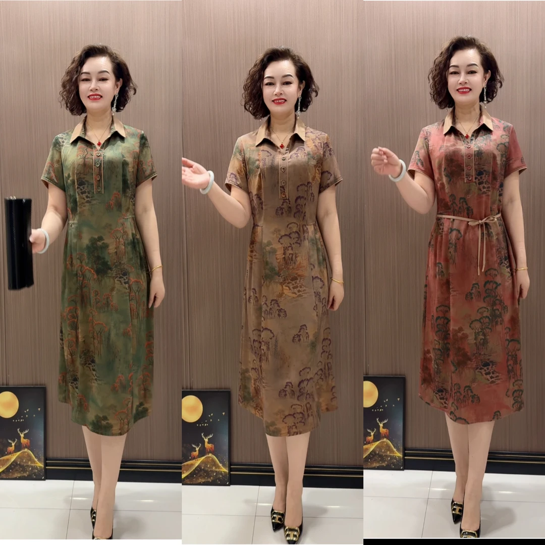817款时尚遮肚宽松气质显瘦印花中老年中长款连衣裙