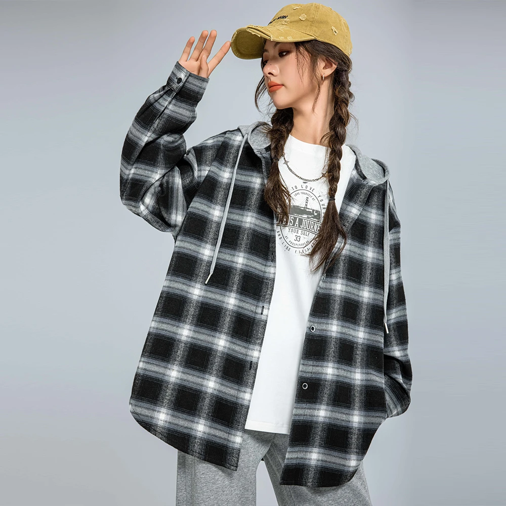 【可外套可内搭】2025秋女大童格子衬衫女童外套初中生带帽衬衣上衣