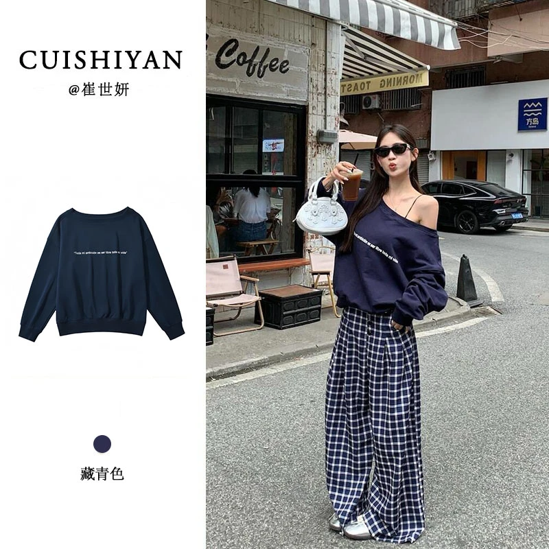 辣妹藏青色斜肩长袖T恤女秋冬季露肩设计感美式卫衣休闲宽松上衣
