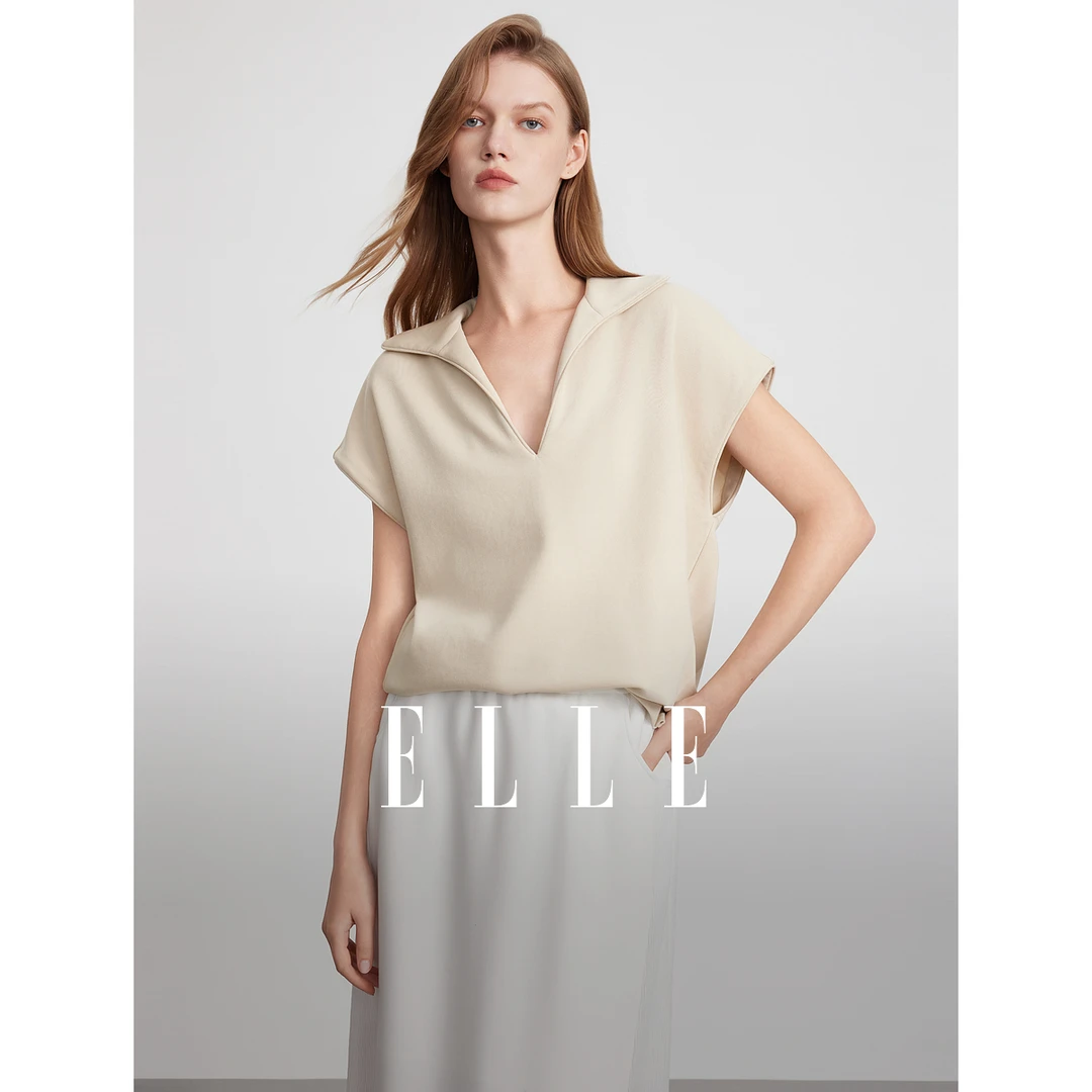 ELLE法式简约V领宽松短袖女t恤2025夏新款设计感时髦上衣ET51754