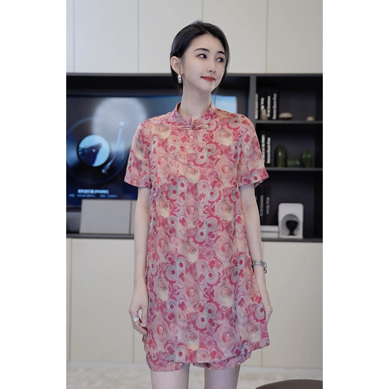 小乖逃25新中式国风粉色衬衫盘扣短袖上衣开叉印花 M8926