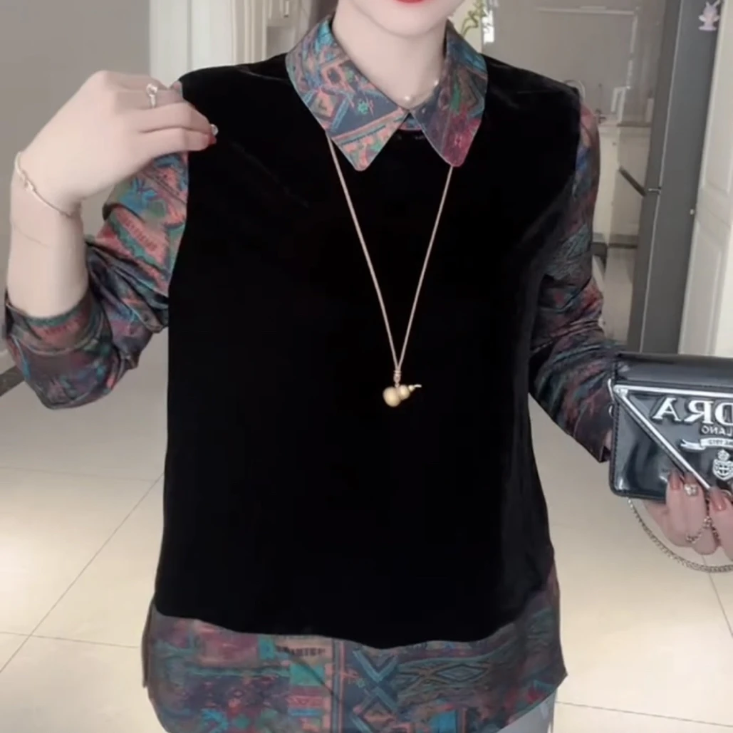 复古印花拼接丝绒修身显瘦遮肉翻领衬衫内搭女款绿色假两件打底衫