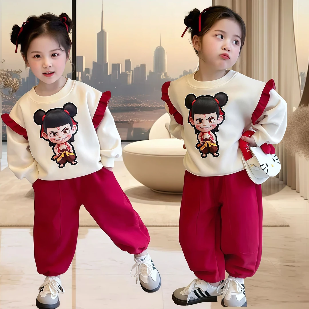 女宝宝春装套装春季女童时尚两件套春秋新款儿童休闲卫衣哪吒衣服