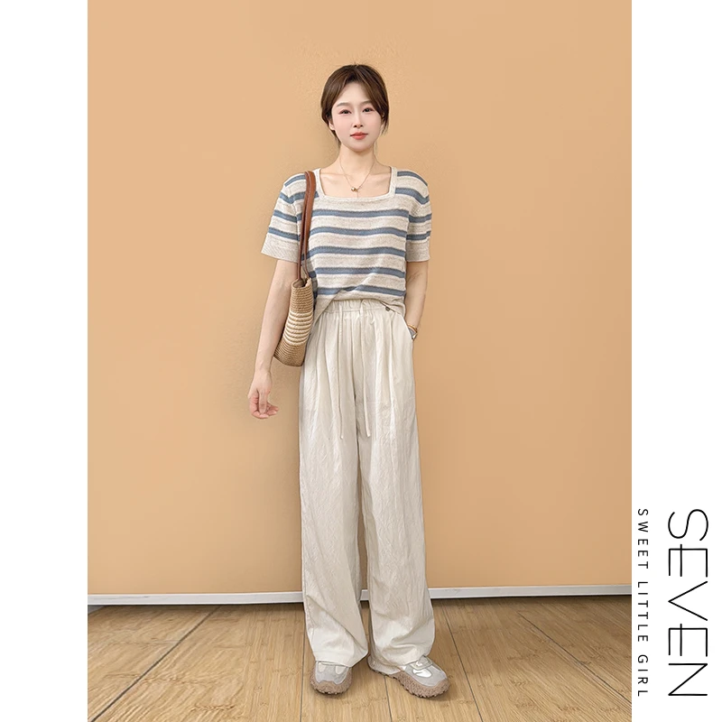 【现货】冰凉条纹衫⑧七七146小个子亚麻天丝针织条纹短袖女夏小美说