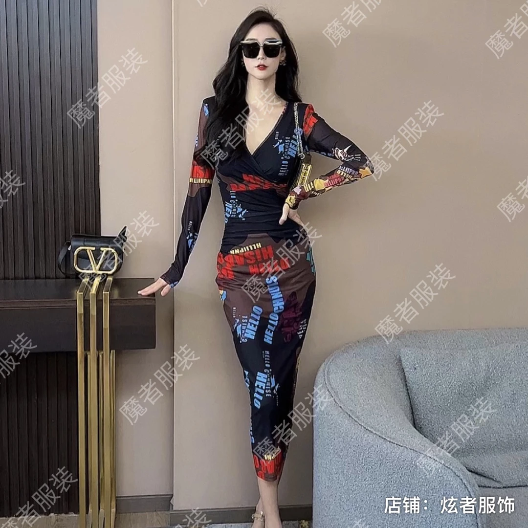 魔者家网纱款【时尚街头】新款性感显瘦弹力长款连衣裙不定位花纹