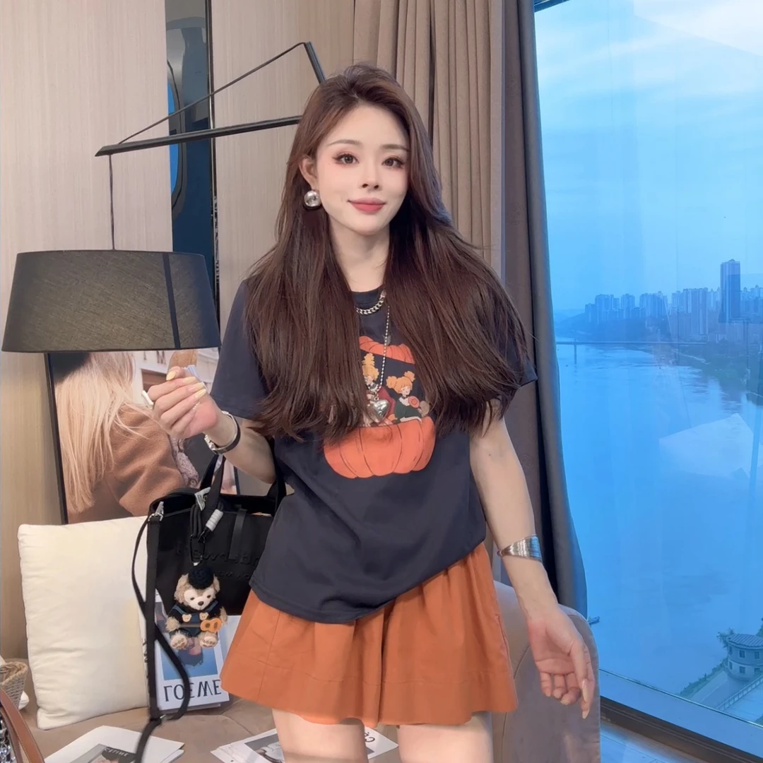 【晓溪服饰】夏季新款短袖设计感宽松型时尚百搭印花圆领T恤6231