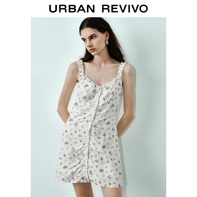 UR2025秋季新款女装休闲碎花木耳边吊带连衣裙UWG750218