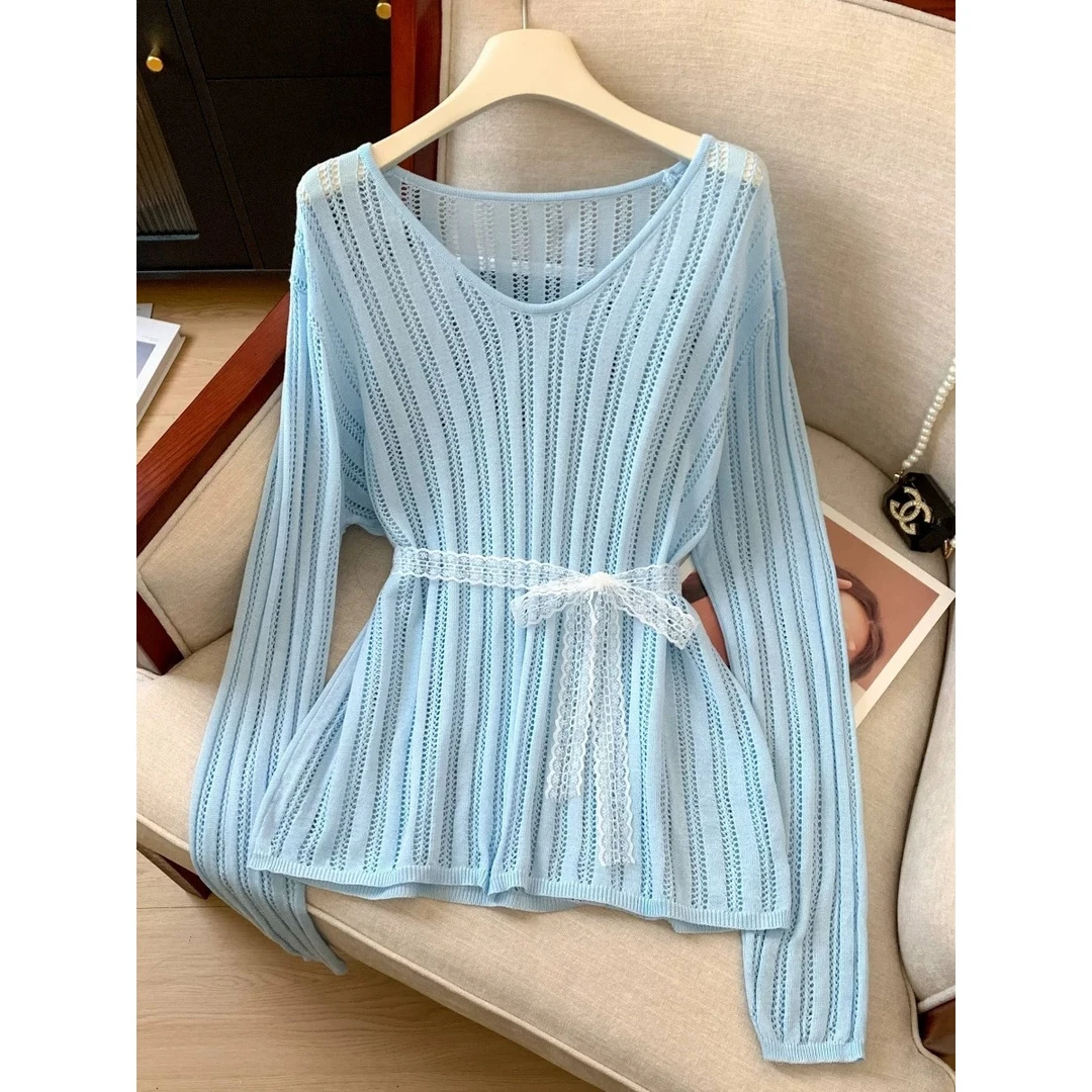 【老金·8723LAN】镂空设计感蕾丝长袖休闲慵懒风薄款蓝色针织防晒衣