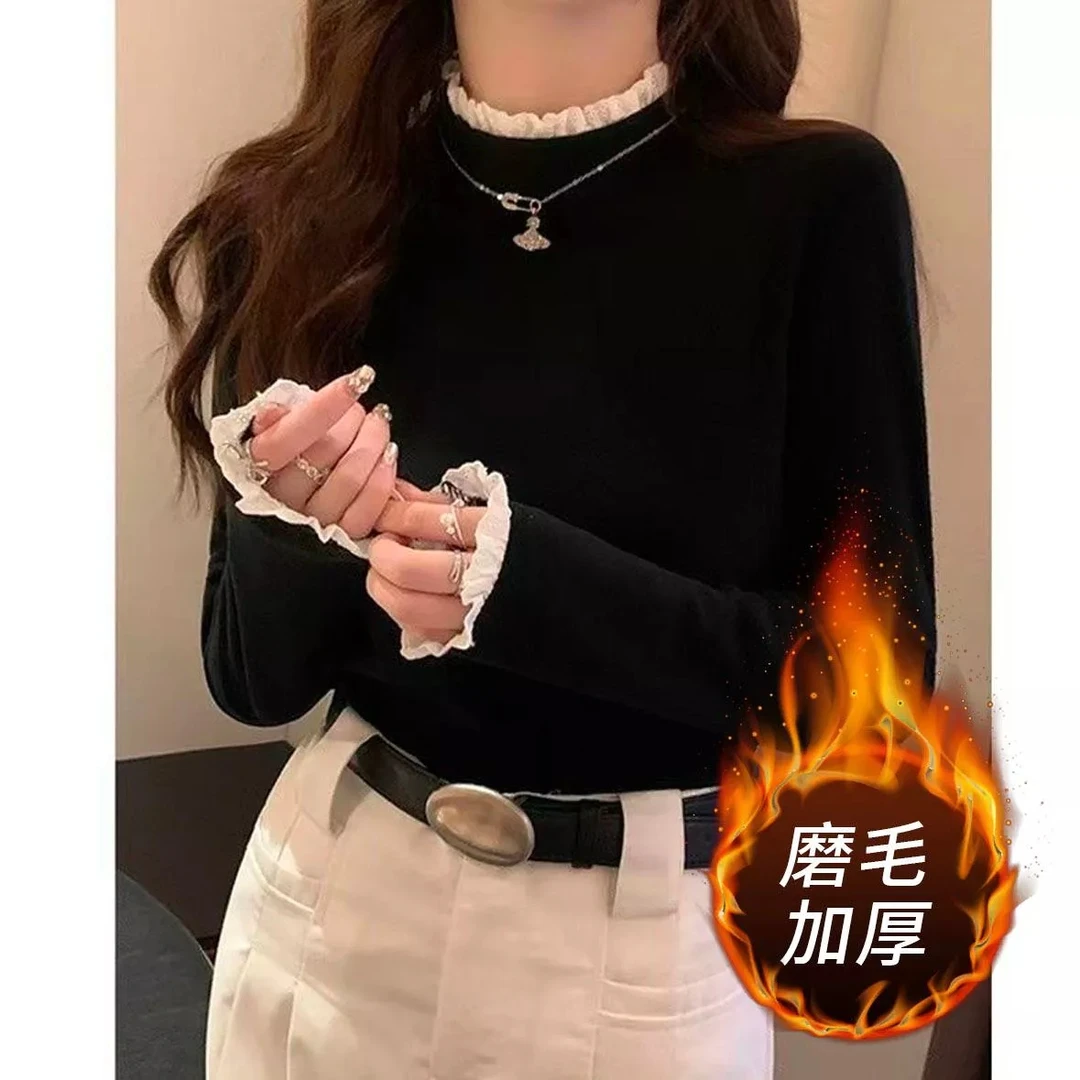 花边打底衫春秋新款半高领蕾丝内搭长袖T恤磨毛加厚上衣T