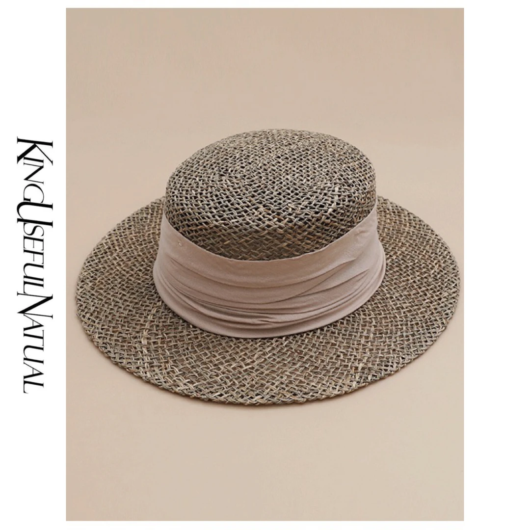 KUN【夕颜】 平顶平檐褶皱布艺装饰咸草编织草帽
