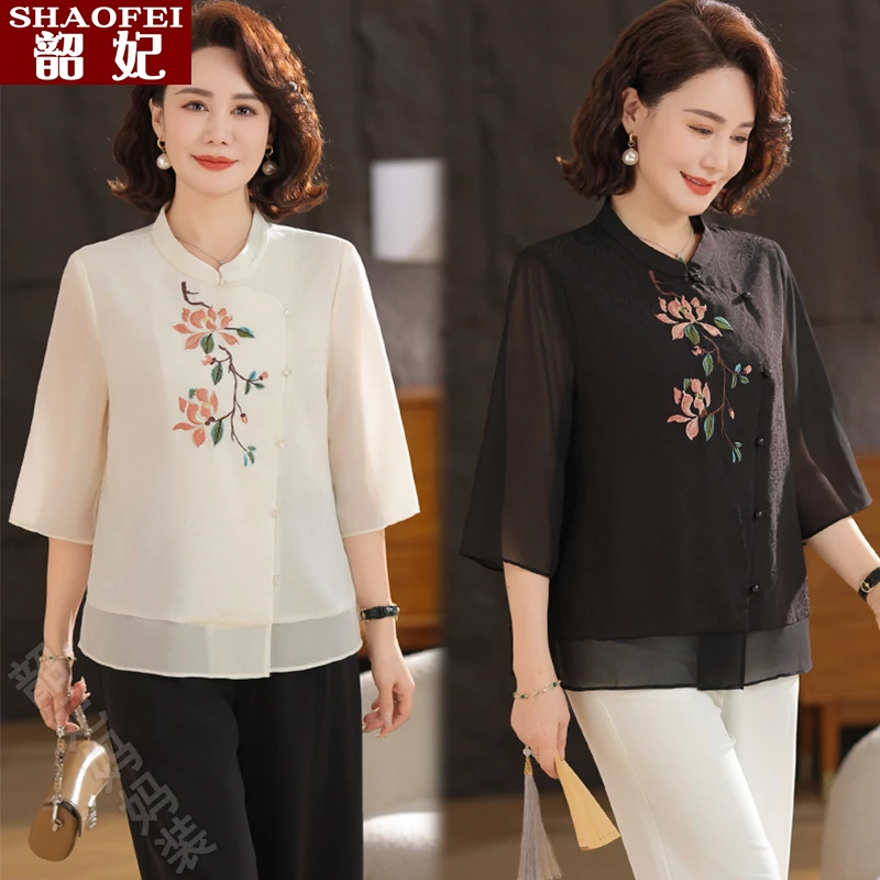 新中式妈妈装国风网纱绣花上衣中袖七分袖小衫女士夏装2025新款