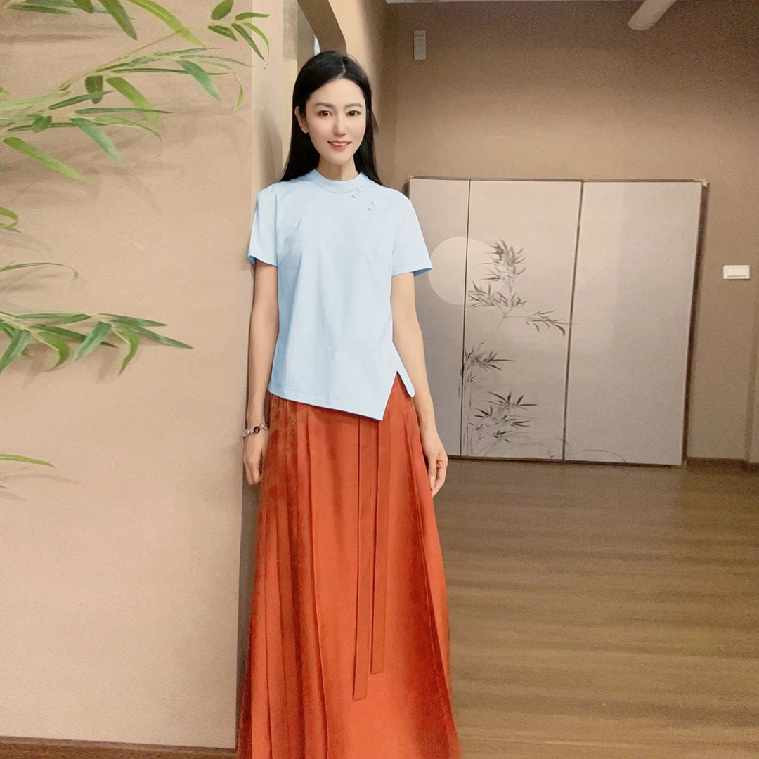 浒城古娘棉质夏季国风气质短袖通勤显瘦女沐清T恤上衣HBSS050085