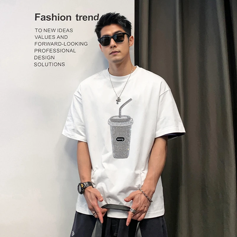 潮流轻奢男装夏季新品水晶杯烫钻字母贴标宽松休闲百搭圆领T恤