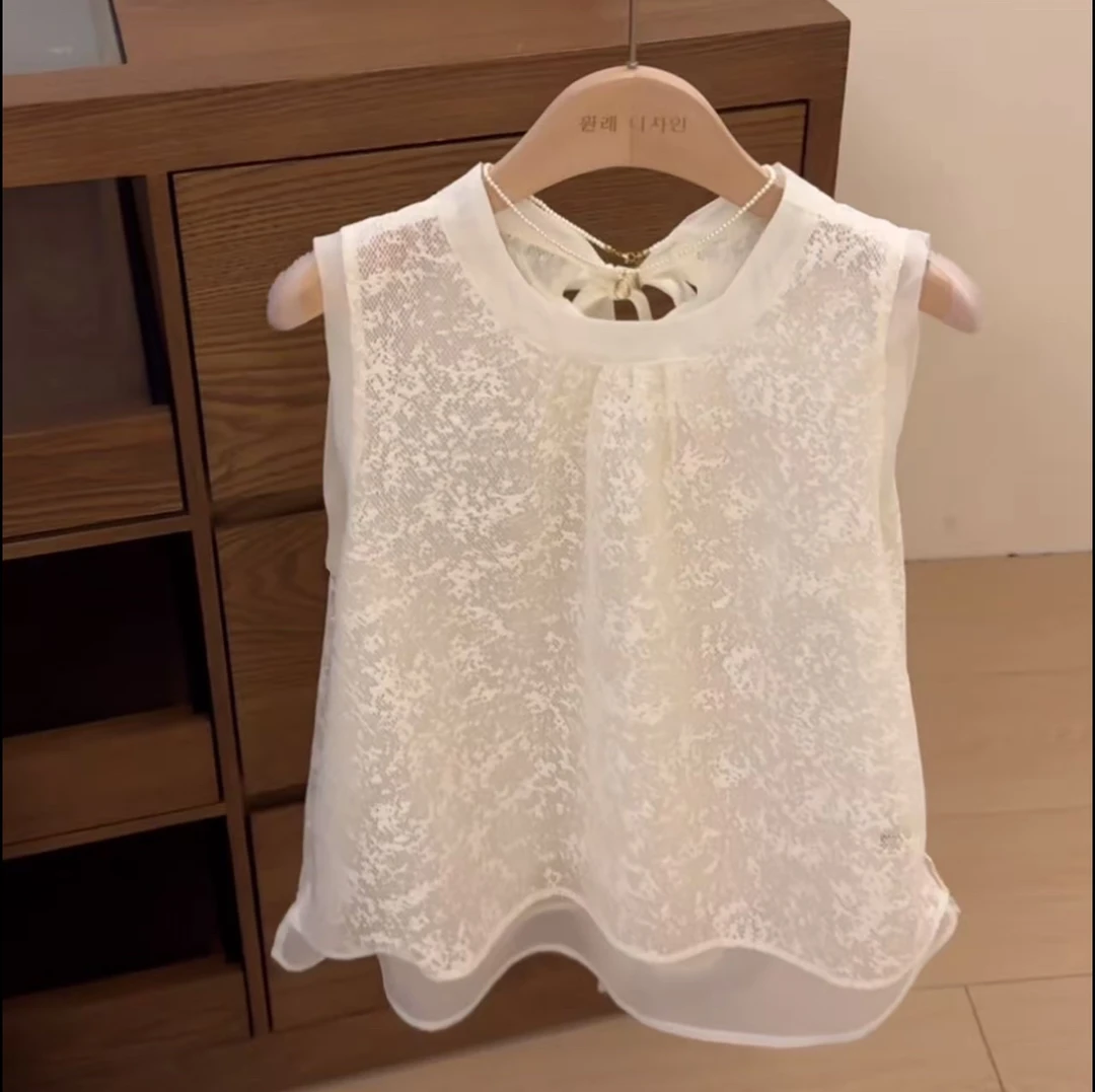 韩系提花网纱拼接无袖背心2025夏季新款女后背系带蝴蝶结甜美上衣