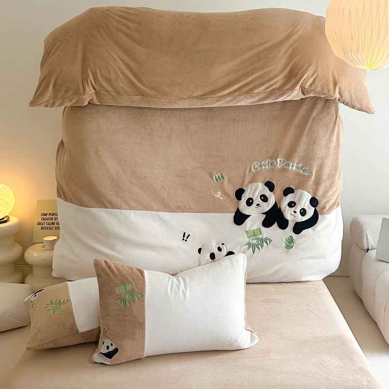 【设计师款】新款小清新加厚保暖牛奶绒刺绣四件套床上用品毛绒