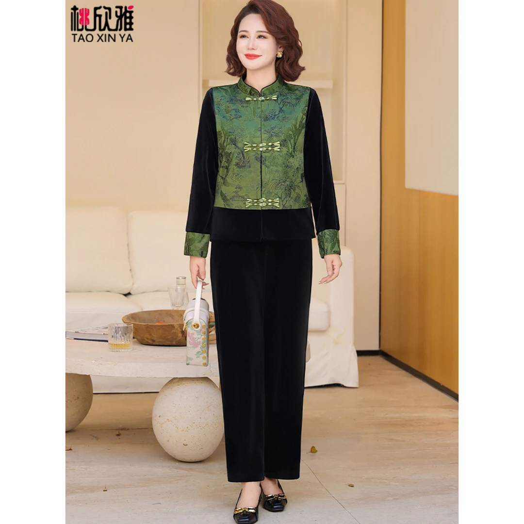妈妈秋装新中式金丝绒套装2025新款中老年女装春秋国风马甲三件套