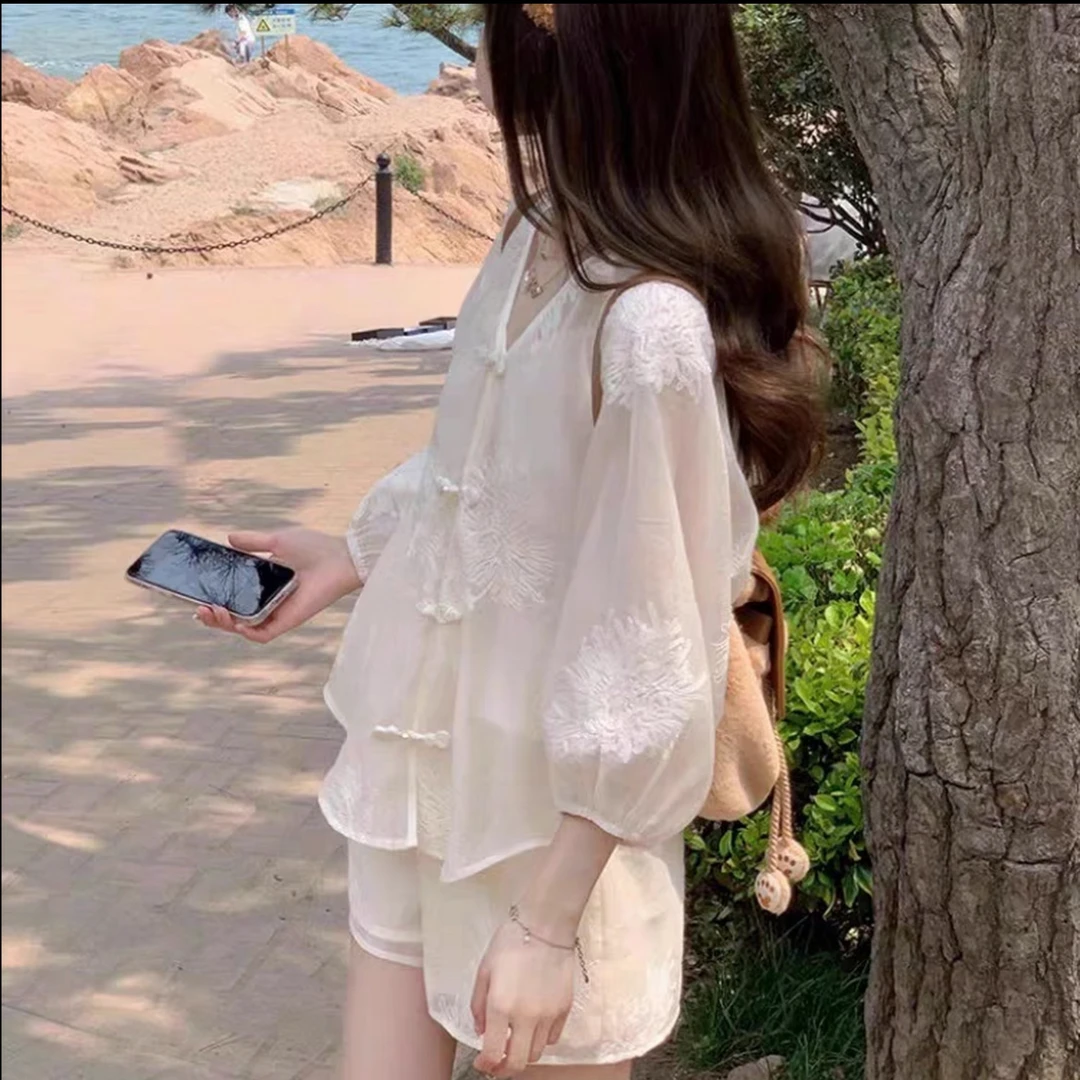 A713高级感减龄微透国风刺绣新中式盘扣上衣松紧腰短裤夏季套装