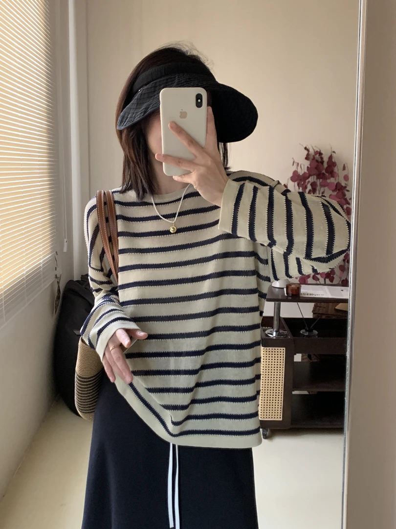 亚麻防晒轻氧长袖条纹针织衫女2025新款夏季薄款透气宽松针织上衣