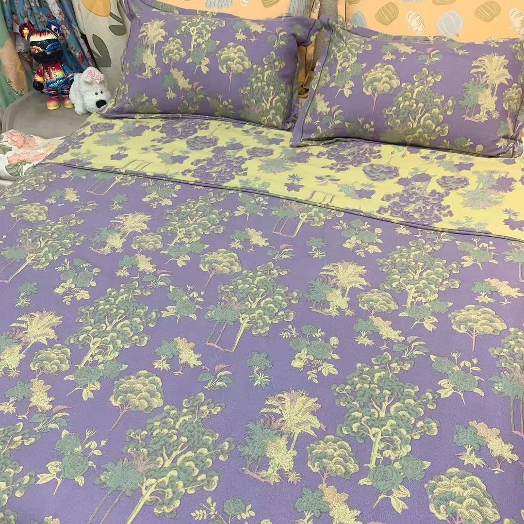 紫发财树针织复古双层纱四件套（被套2*2.3床单2.5*2.35枕套48*74）