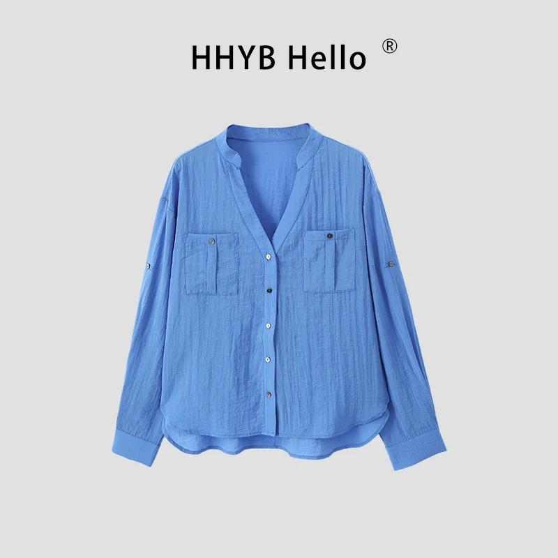 HHYB Hello新款老钱风亚麻立领衬衫女夏宽松气质薄款上衣女252075