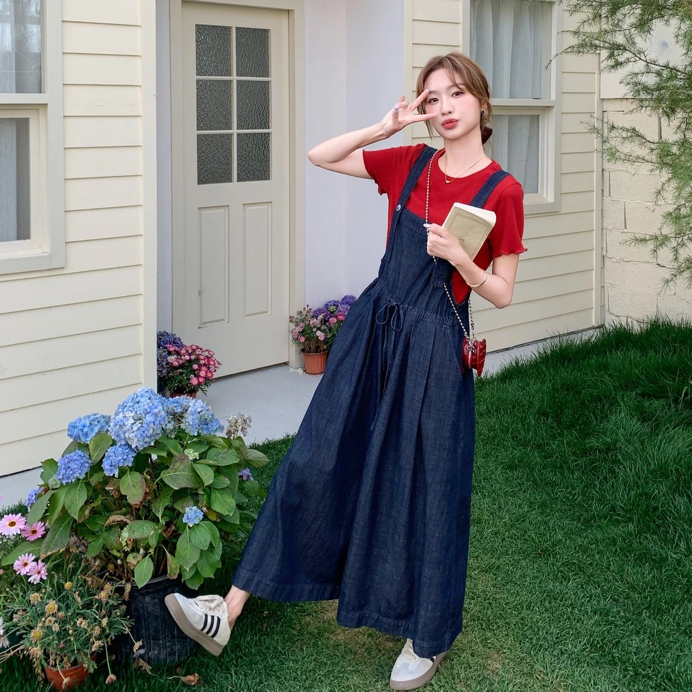 红色t恤上衣两件套连体裤夏季新款宽松休闲显瘦阔腿薄牛仔背带裤