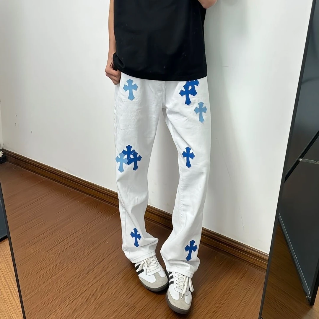 美式复古刺绣经典贴皮十字架白色牛仔裤男款水洗宽松休闲直筒长裤