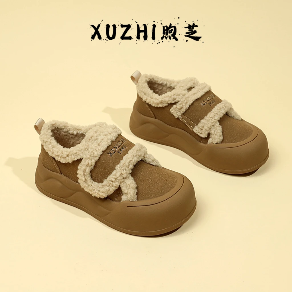 XUZHI煦芝 面包板鞋女2024年新款冬季磨砂魔术贴保暖面包板鞋1629