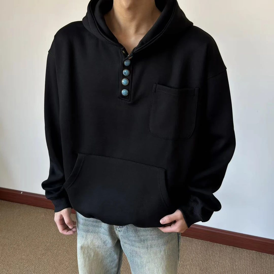 布老哥Blog美式"绿松石"纽扣连帽卫衣"加绒可选"短宽显高帽衫W551