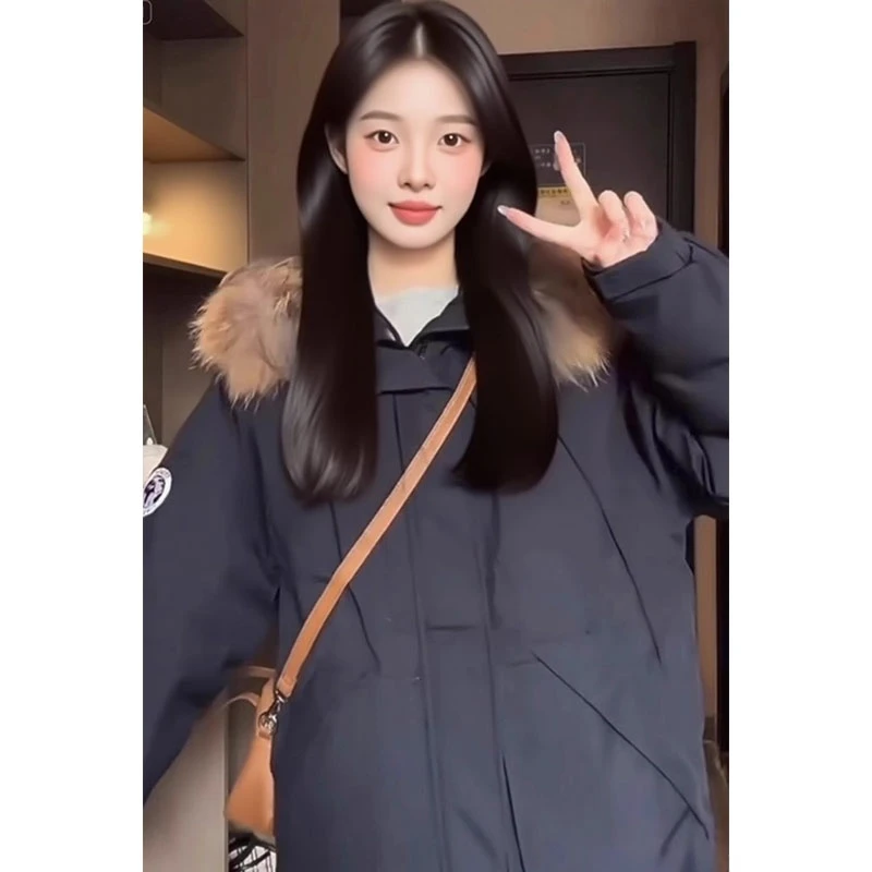 藏青色加厚棉服女工装派克服美式复古大毛领连帽情侣外套女ins潮